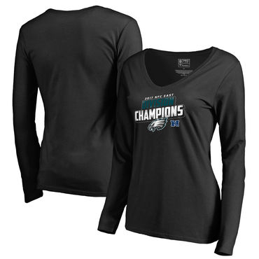 Women's Philadelphia Eagles NFL Pro Line By Fanatics Branded Black 2017 NFC East Division Champions Long Sleeve V Neck T Shirt