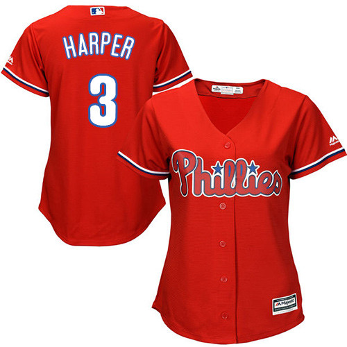 Women's Phillies #3 Bryce Harper Red Alternate Women's Stitched Baseball Jersey