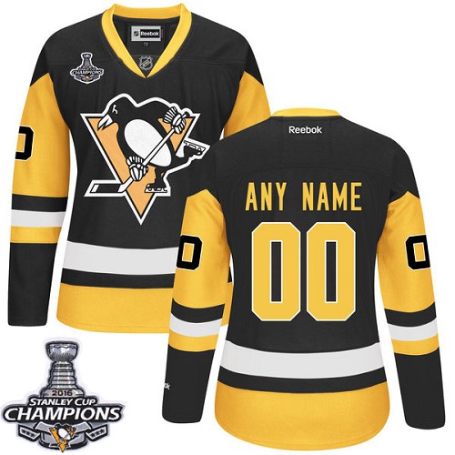 Women's Reebok Pittsburgh Penguins Customized Authentic Black Gold Third 2016 Stanley Cup Champions NHL Jersey