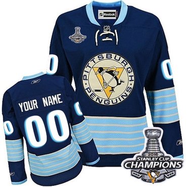 Women's Reebok Pittsburgh Penguins Customized Authentic Navy Blue Third Vintage 2016 Stanley Cup Champions NHL Jersey