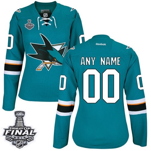 Women's Reebok San Jose Sharks Customized Authentic Teal Green Home 2016 Stanley Cup Final Bound NHL Jersey