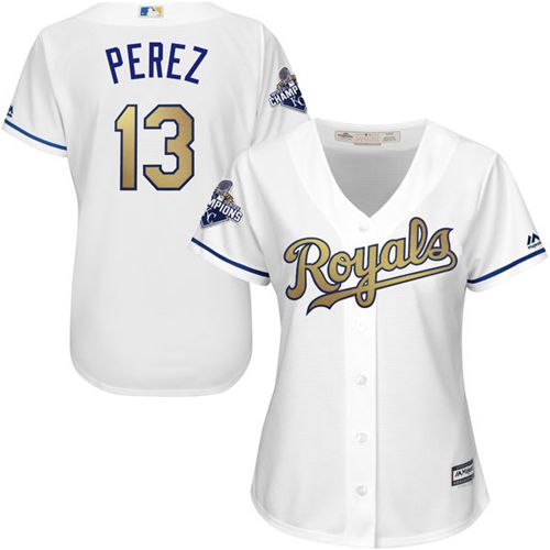 Women's Royals #13 Salvador Perez White 2015 World Series Champions Gold Program Cool Base Stitched MLB Jersey