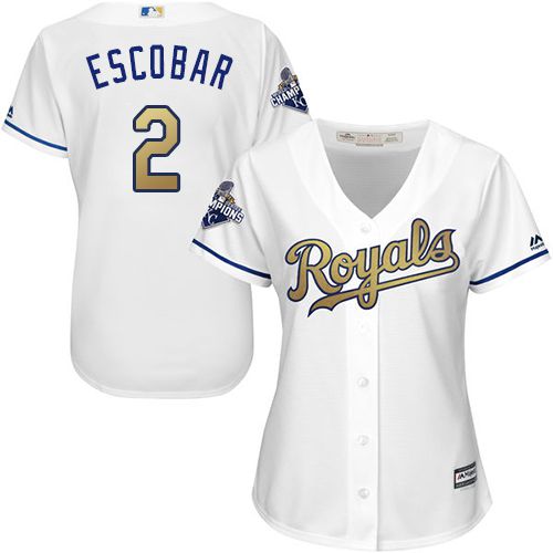Women's Royals #2 Alcides Escobar White 2015 World Series Champions Gold Program Cool Base Stitched MLB Jersey