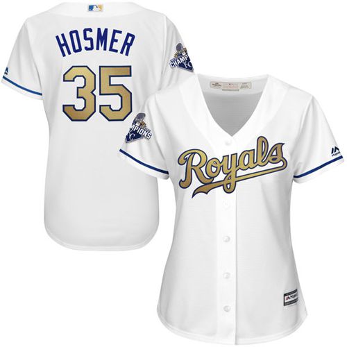 Women's Royals #35 Eric Hosmer White 2015 World Series Champions Gold Program Cool Base Stitched MLB Jersey