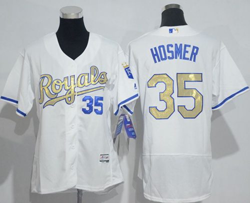 Women's Royals #35 Eric Hosmer White Flexbase Authentic 2015 World Series Champions Gold Program Cool Base Stitched MLB Jersey