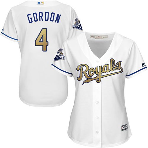 Women's Royals #4 Alex Gordon White 2015 World Series Champions Gold Program Cool Base Stitched MLB Jersey