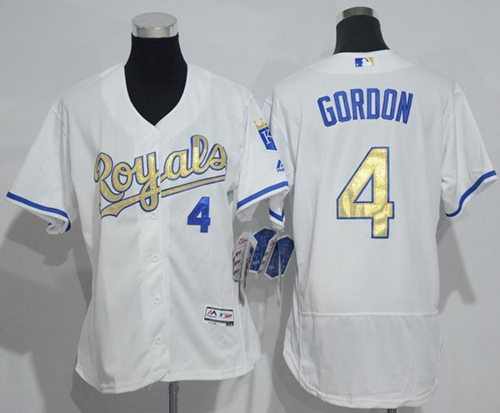 Women's Royals #4 Alex Gordon White Flexbase Authentic 2015 World Series Champions Gold Program Cool Base Stitched MLB Jersey