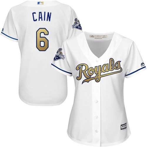 Women's Royals #6 Lorenzo Cain White 2015 World Series Champions Gold Program Cool Base Stitched MLB Jersey