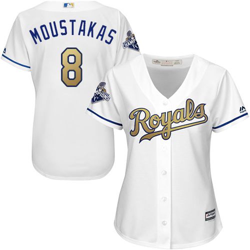 Women's Royals #8 Mike Moustakas White 2015 World Series Champions Gold Program Cool Base Stitched MLB Jersey