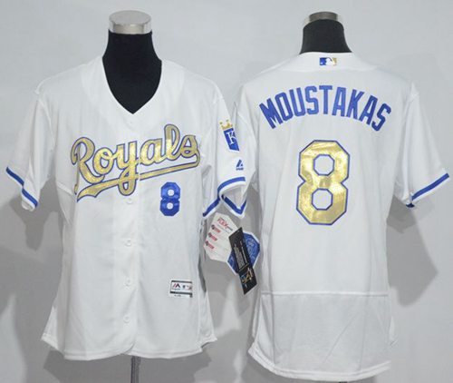 Women's Royals #8 Mike Moustakas White Flexbase Authentic 2015 World Series Champions Gold Program Cool Base Stitched MLB Jersey