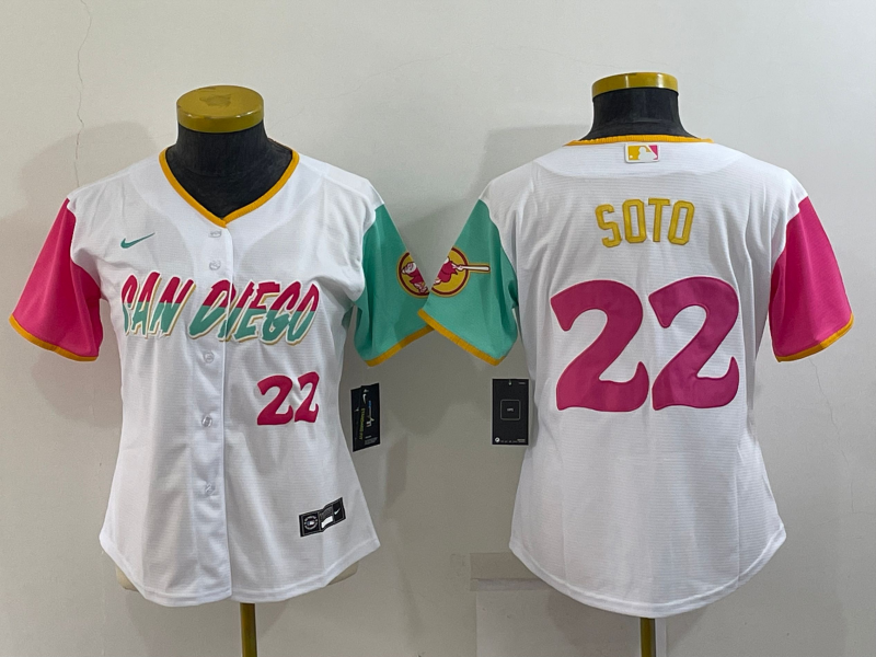 Women's San Diego Padres #22 Juan Soto Number White 2022 City Connect Cool Base Stitched Jerse