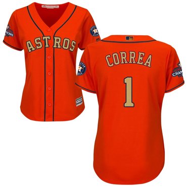 Women Astros 1 Carlos Correa Orange Women 2017 World Series Champions Cool Base Jersey
