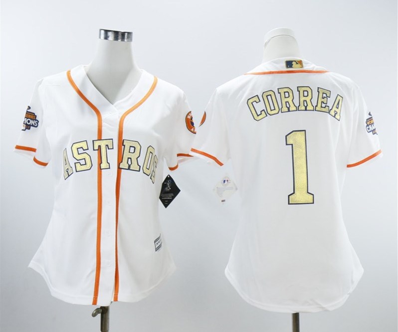 Women Astros 1 Carlos Correa White Women 2018 Gold Program Cool Base Jersey