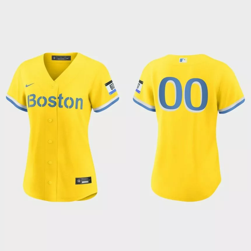 Women Boston Red Sox Custom Gold Light Blue 2021 City Connect Replica Jersey