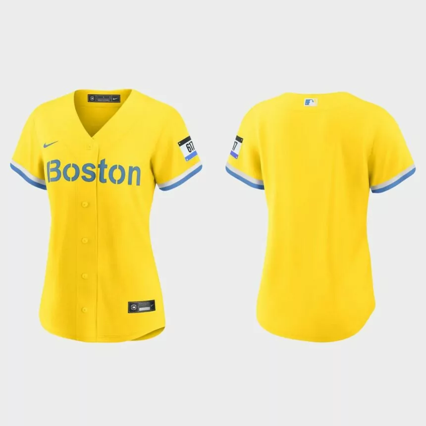 Women Boston Red Sox Gold Light Blue 2021 City Connect Replica Jersey