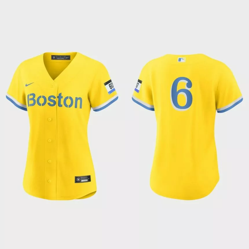 Women Boston Red Sox Johnny Pesky Gold Light Blue 2021 City Connect Replica Jersey