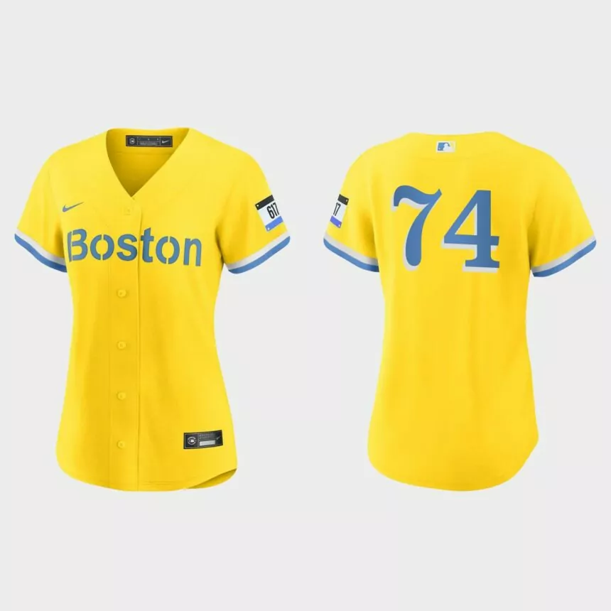 Women Boston Red Sox Kenley Jansen Gold Light Blue City Connect Replica Jersey