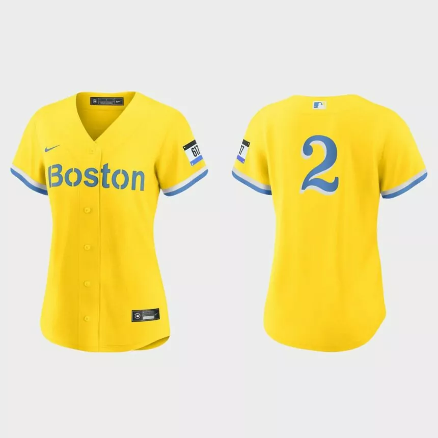 Women Boston Red Sox Xander Bogaerts Gold Light Blue 2021 City Connect Replica Jersey