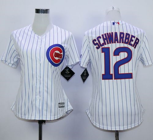 Women Chicago Cubs #12 Kyle Schwarber White(Blue Strip) Home Stitched MLB Jersey