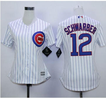 Women Cubs #12 Kyle Schwarber White(Blue Strip) Home Stitched MLB Jersey