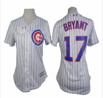 Women Cubs #17 Kris Bryant White(Blue Strip) Fashion Stitched Baseball Jersey