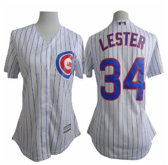 Women Cubs #34 Jon Lester White(Blue Strip) Fashion Stitched Baseball Jersey