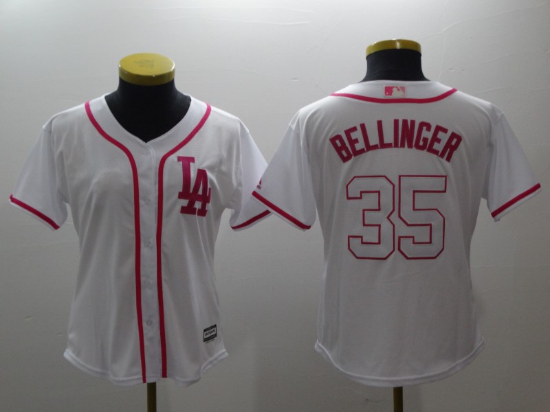 Women Dodgers 35 Cody Bellinger White Pink Women Cool Base Jersey