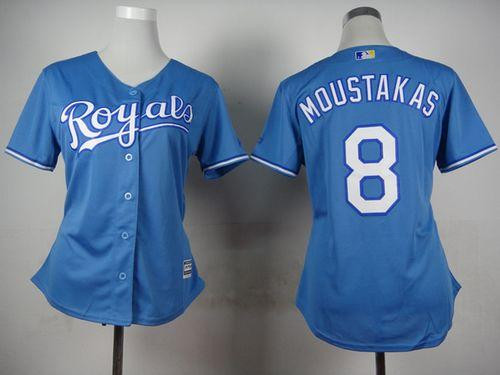 Women Kansas City Royals #8 Mike Moustakas Light Blue Alternate 1 Stitched Baseball jersey