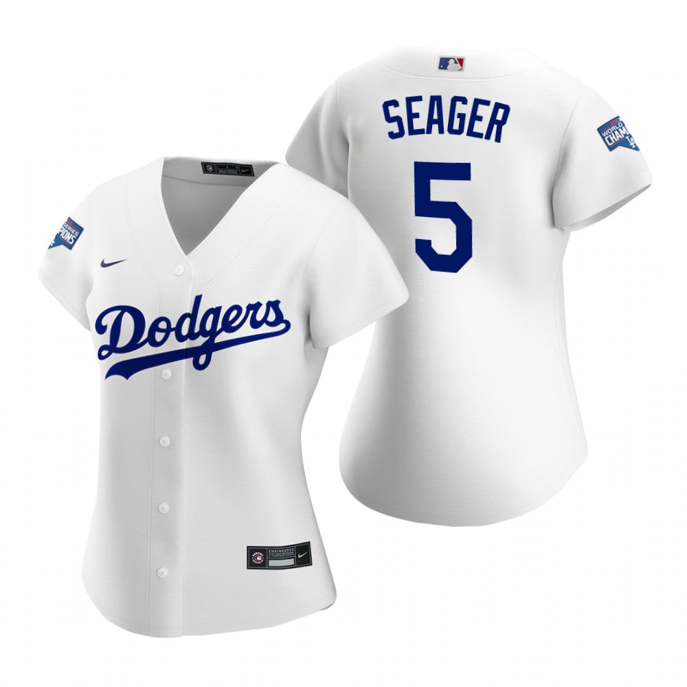 Women Los Angeles Dodgers #5 Corey Seager White 2020 World Series Champions Replica Jersey