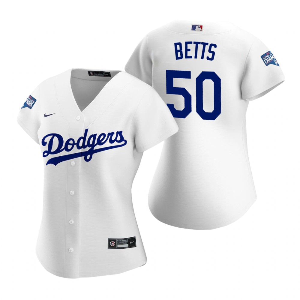 Women Los Angeles Dodgers #50 Mookie Betts White 2020 World Series Champions Replica Jersey