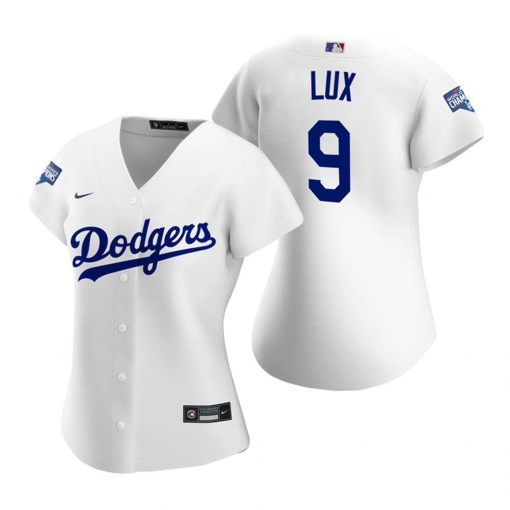 Women Los Angeles Dodgers #9 Gavin Lux White 2020 World Series Champions Replica Jersey