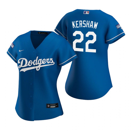 Women Los Angeles Dodgers 22 Clayton Kershaw Royal 2020 World Series Champions Replica Jersey