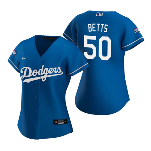 Women Los Angeles Dodgers 50 Mookie Betts Royal 2020 World Series Champions Replica Jersey