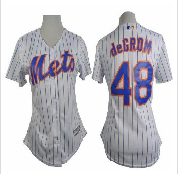 Women Mets #48 Jacob deGrom White(Blue Strip) Home Stitched Baseball jersey