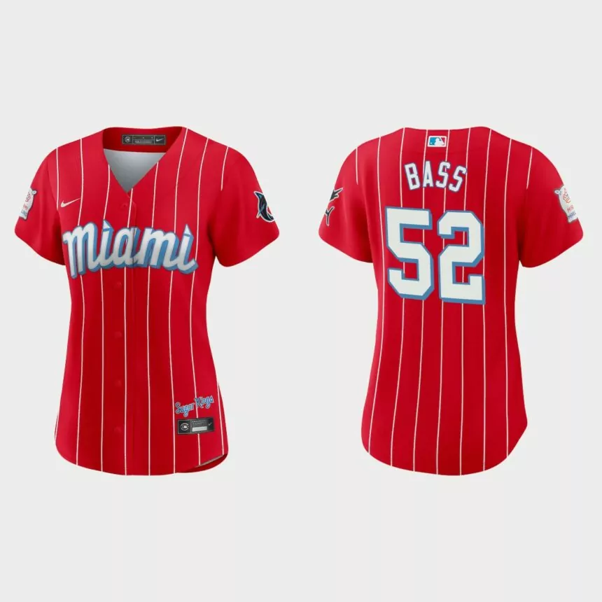 Women Miami Marlins Anthony Bass Red 2021 City Connect Replica Jersey