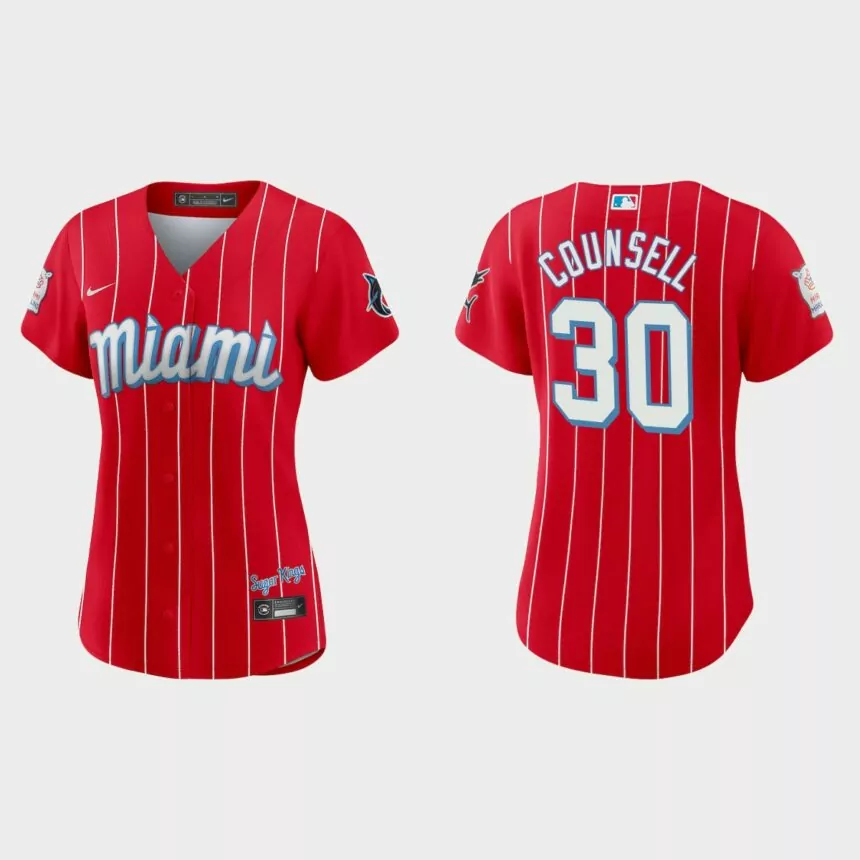 Women Miami Marlins Craig Counsell Red 2021 City Connect Replica Jersey