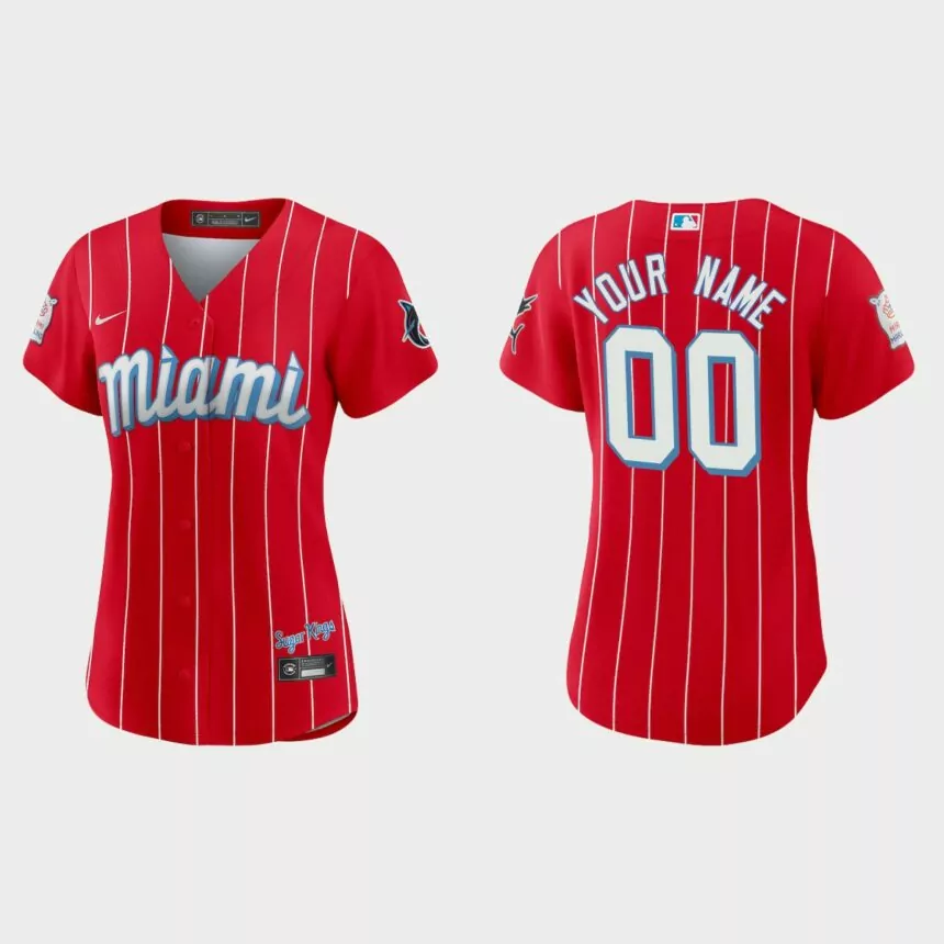 Women Miami Marlins Custom Red 2021 City Connect Replica Jersey
