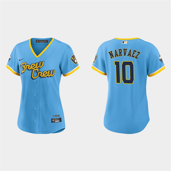 Women Milwaukee Brewers #10 Omar Narvaez Powder Blue 2022 City Connect Jersey