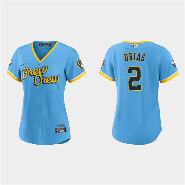 Women Milwaukee Brewers #2 Luis Urias Powder Blue 2022 City Connect Jersey