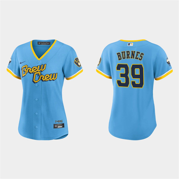 Women Milwaukee Brewers #39 Corbin Burnes Powder Blue 2022 City Connect Jersey