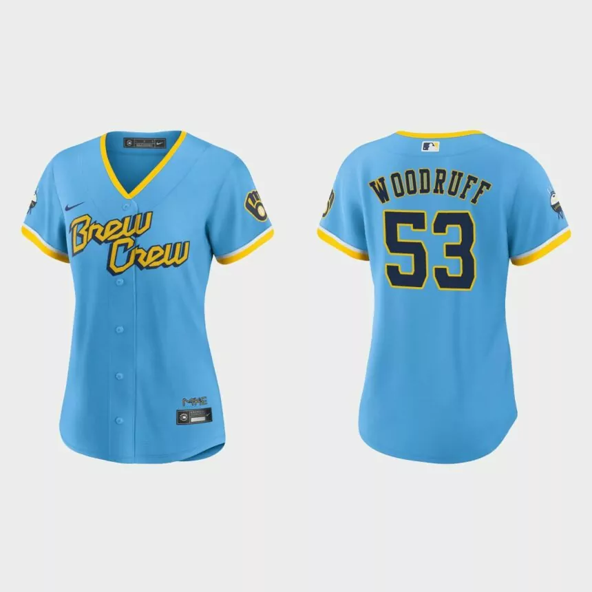 Women Milwaukee Brewers Brandon Woodruff Powder Blue 2022 City Connect Replica Jersey
