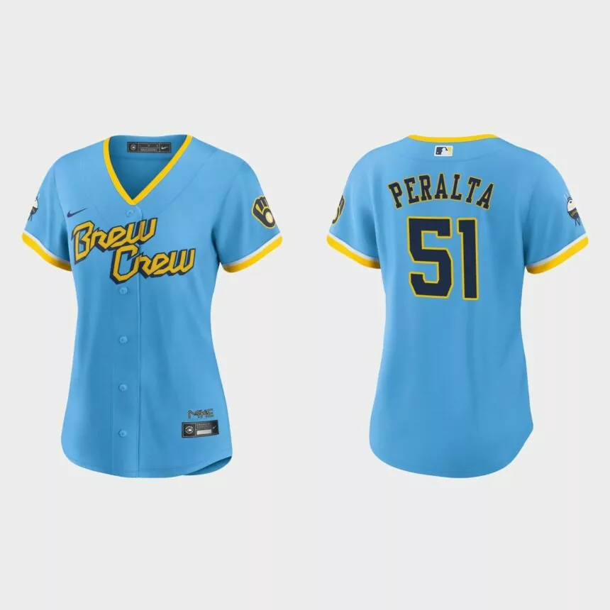 Women Milwaukee Brewers Freddy Peralta Powder Blue 2022 City Connect Replica Jersey