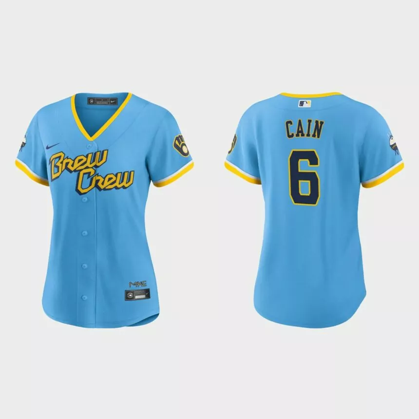 Women Milwaukee Brewers Lorenzo Cain Powder Blue 2022 City Connect Replica Jersey