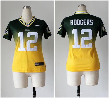 Women NEW Green Bay Packers #12 Aaron Rodgers Green Yellow Drift Fashion II