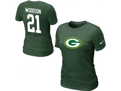 Women NEW Green Bay Packers #21 WOODSON Name & Number T-Shirt green