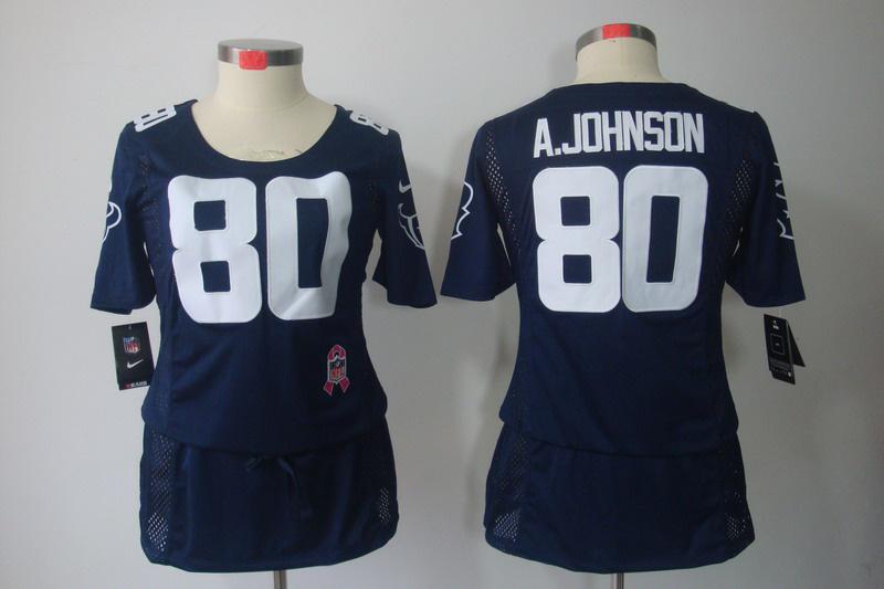 Women NEW Houston Texans 80 Andre Johnson Breast Cancer Awareness Blue Jerseys