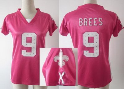 Women NEW NFL New Orleans Saints 9 Brees Pink Womens Draft Him II Top Jerseys