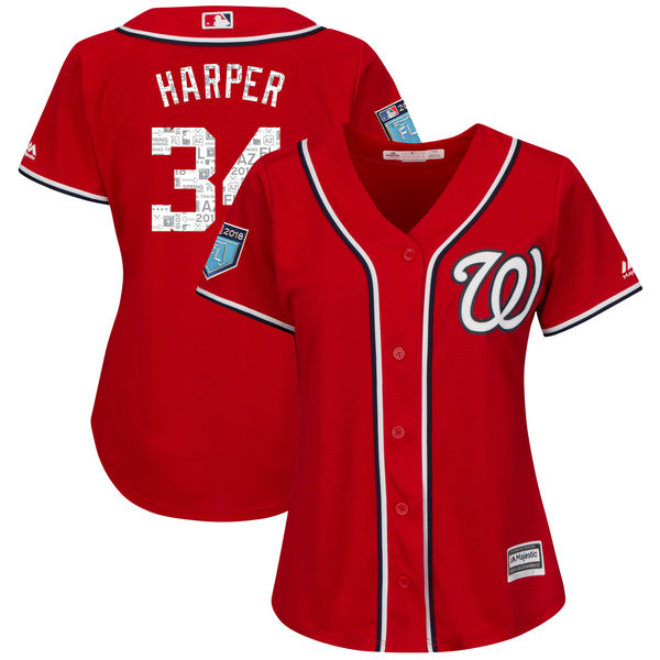 Women Nationals 34 Bryce Harper Red Women 2018 Spring Training Cool Base Jersey