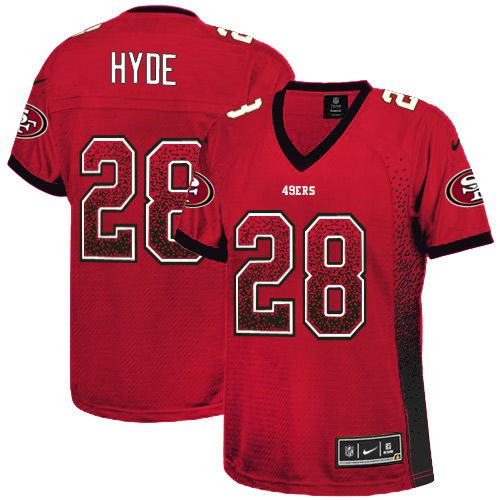 Women New 49ers #28 Carlos Hyde Red Team Color Stitched NFL Elite Drift Fashion Jersey