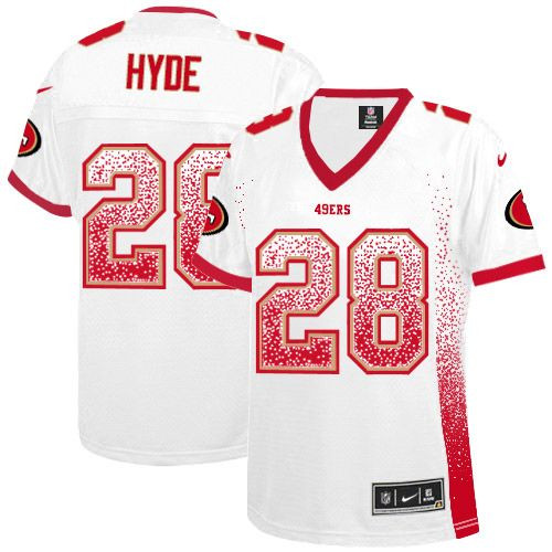 Women New 49ers #28 Carlos Hyde White Stitched NFL Elite Drift Fashion Jersey